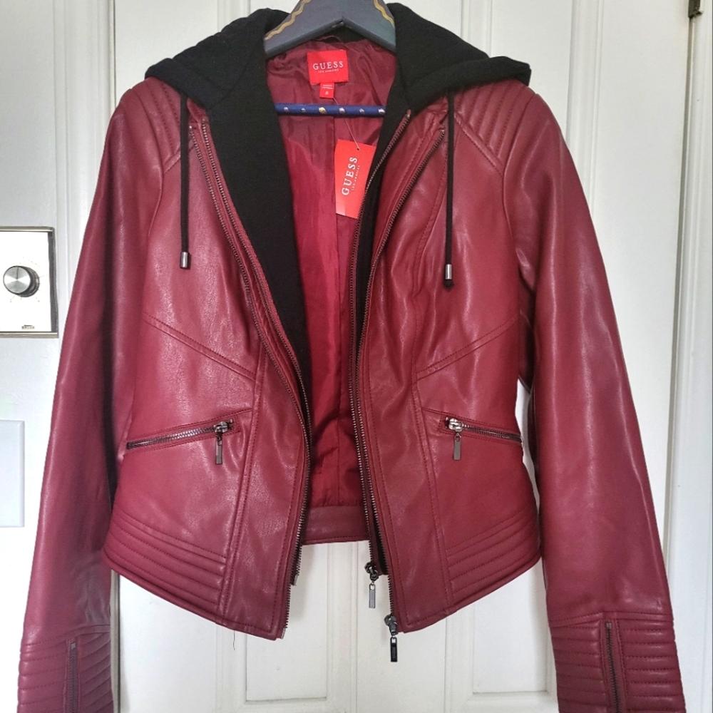 Guess Bomber Jacket in Burgundy Faux Leather sz M